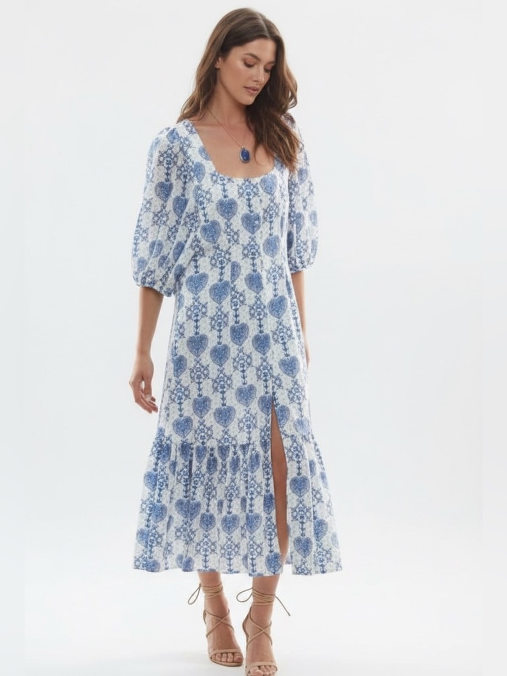 Johnny Was Beau Eyelet Blue & White Tiered Blue Midi Dress Size Medium